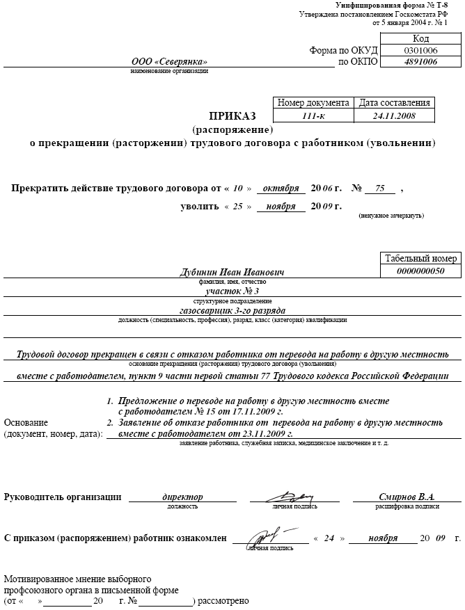 Приказ о прекращении трудового договора в связи с отказом от перевода на работу в другую местность. Форма Т-8