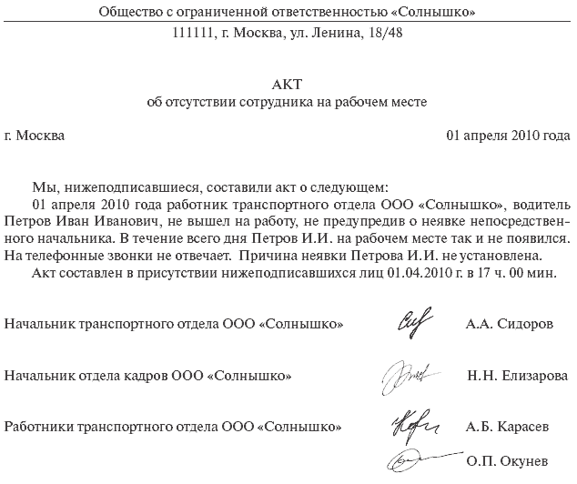 Акт об отсутствии сотрудника на рабочем месте