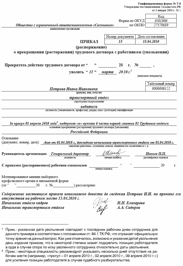 Приказ об увольнении